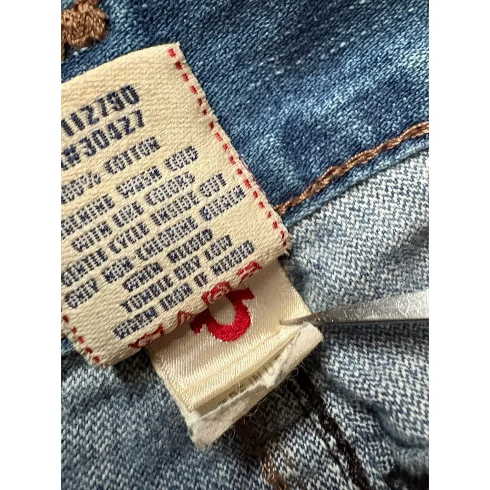 Vtg True Religion Big T Jeans 42x35 Faded Light Blue Flap Pocket Bootcut USA